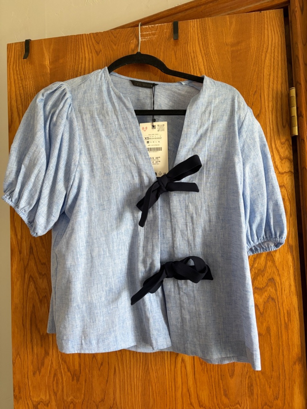 Zara Light Blue V-Neck Puff Sleeve Top with Black Ties